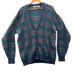 JT Beckett VIntage Grandpa Green Blue Plaid 4 Button Cardigan Sweater Men Large
